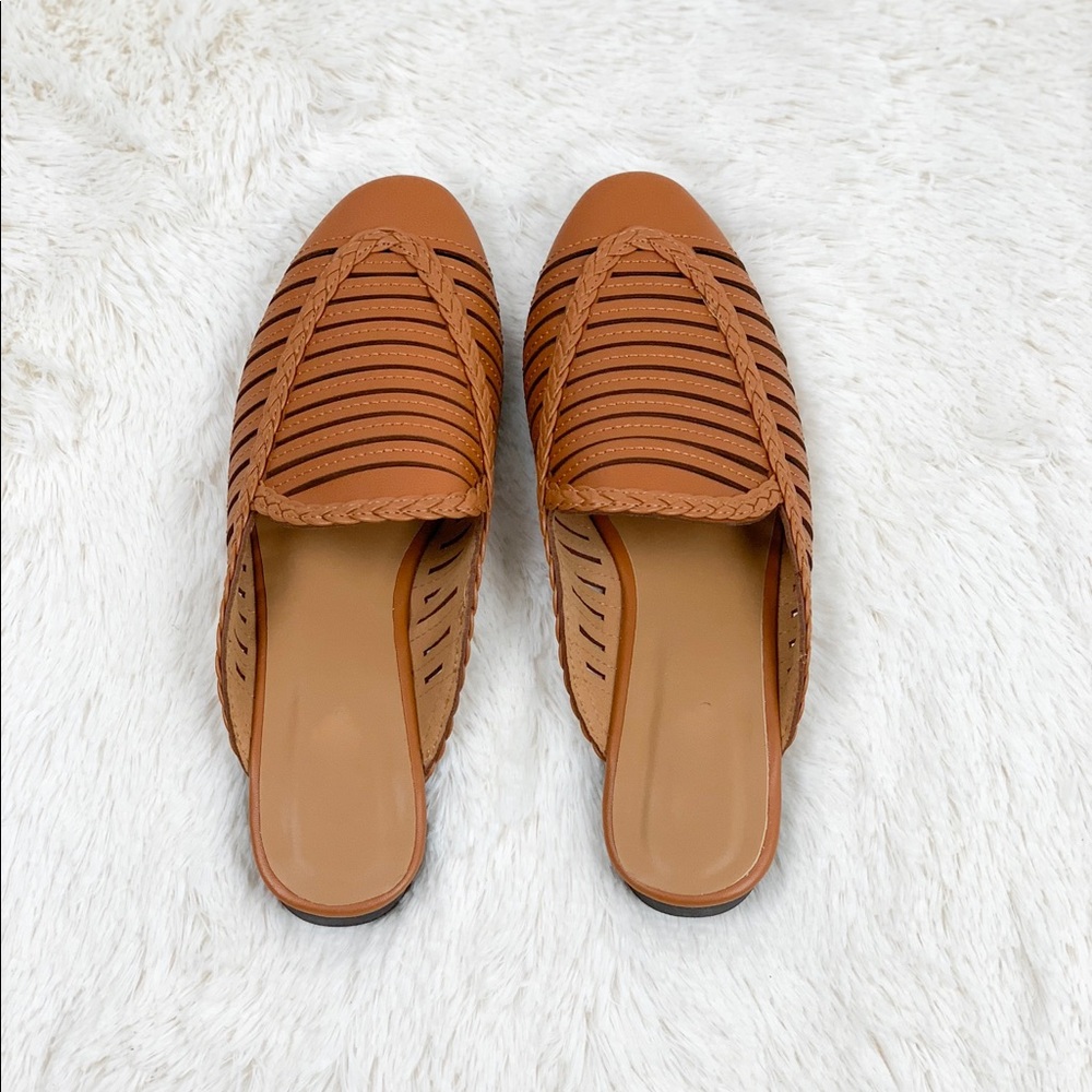 Braided Trim Strappy Slip On Almond Toe Flat Mules - Picture 2 of 5